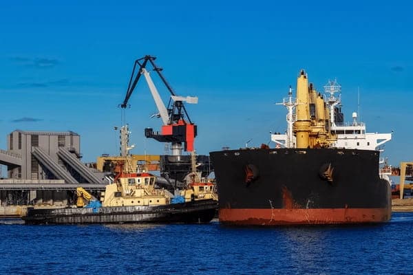 Black Cargo Ship at Port